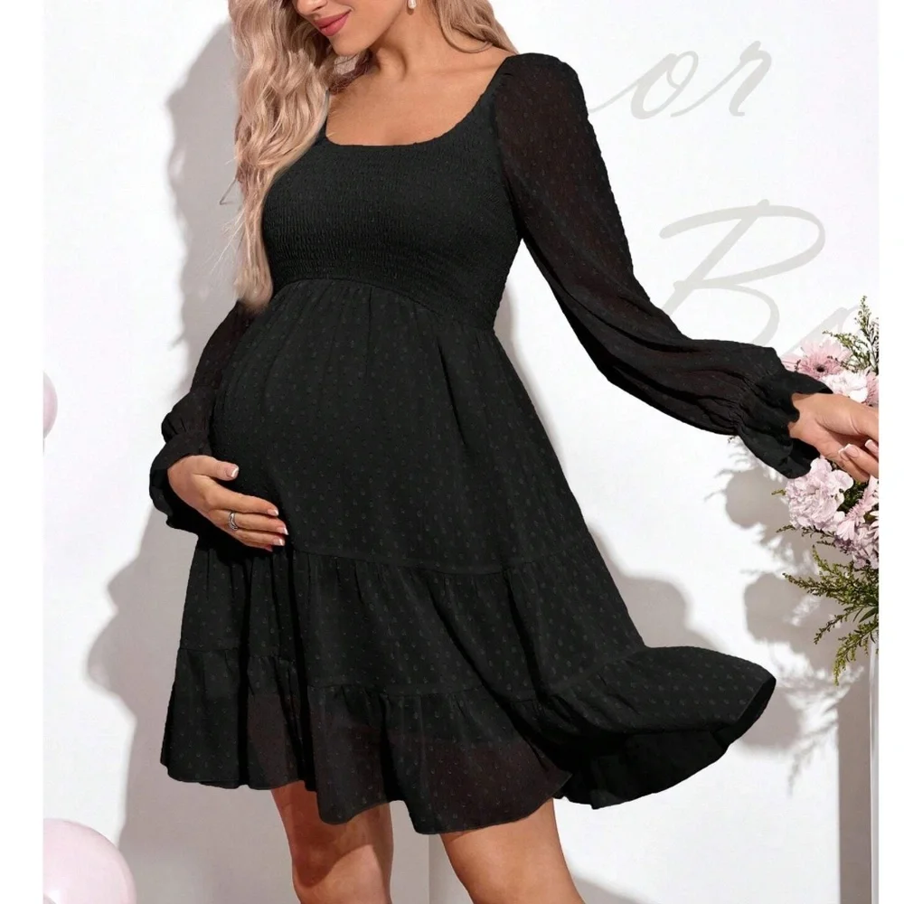 Maternity Polka Dot Shirred Bust Long Sleeve Ruffle Mini Dress